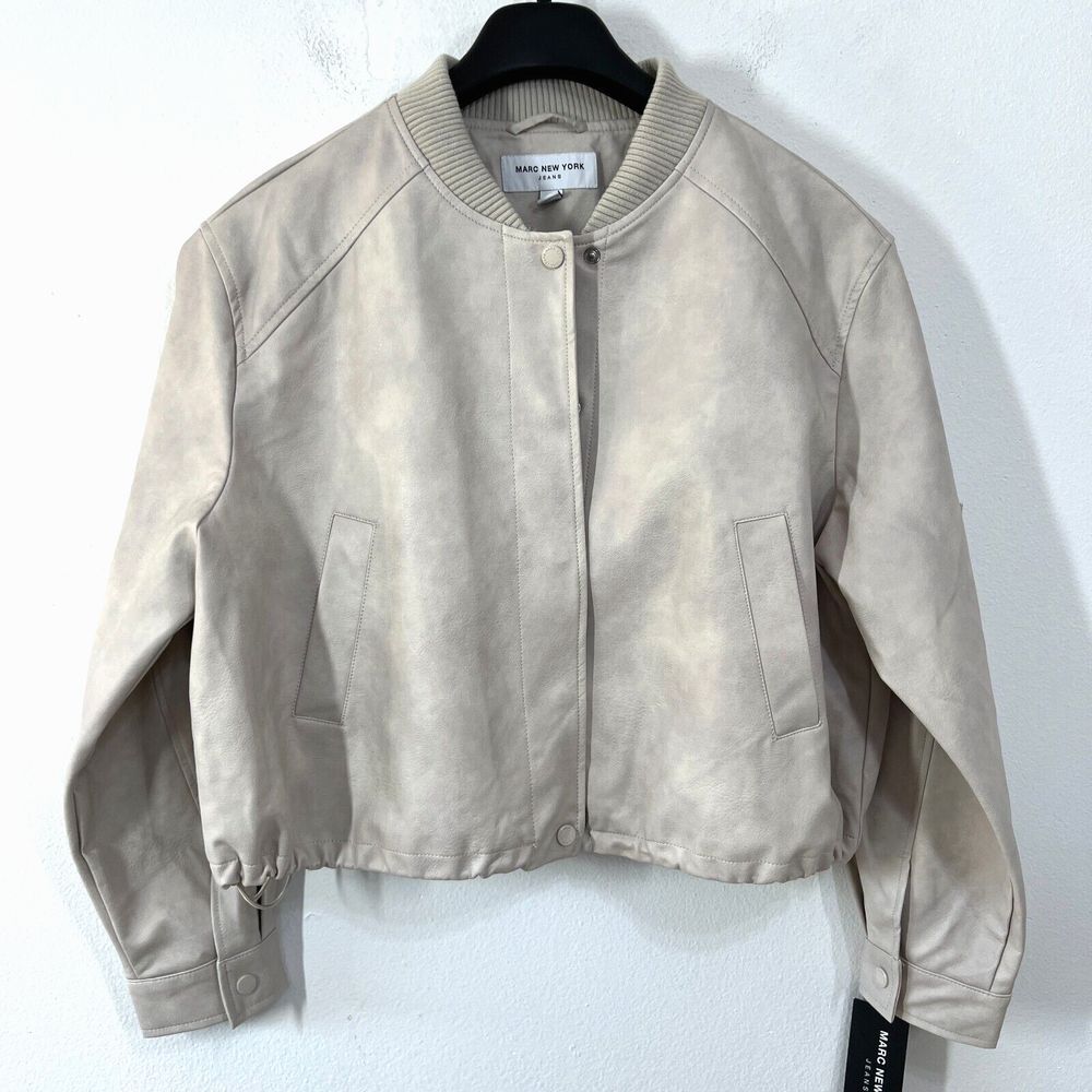 Marc New York‎ Jeans Jacket Women Medium Crop Cream Moto Faux Leather Snap Crew